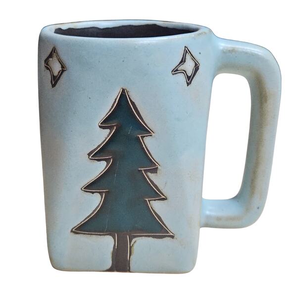 RARE Hand Made Mara Mexico Art Pottery Mug Pine Trees Stars Square Christmas - Picture 1 of 7